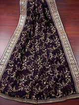Eggplant Purple soft organza silk dupatta with muted gold zari, embroidery & sequins — Kaash Collection