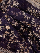 Eggplant Purple soft organza silk dupatta with muted gold zari, embroidery & sequins — Kaash Collection