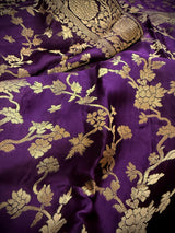 Statement Eggplant Purple pure banarasi satin crepe silk saree with gold zari jaal with meenakari & tanchoi — Kaash Collection