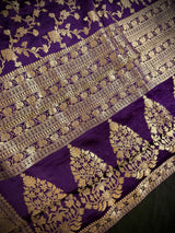 Statement Eggplant Purple Color Pure Banarasi Satin Crepe Silk Saree with Gold Zari Jaal Weaved - Kaash