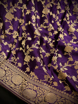 Statement Eggplant Purple Color Pure Banarasi Satin Crepe Silk Saree with Gold Zari Jaal Weaved - Kaash