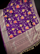 Statement Floral Jaal Saree in Purple Color in Pure Satin Silk - Handwoven Saree = Silk Mark Certified - Kaash