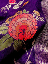 Statement Floral Jaal Saree in Purple Color in Pure Satin Silk - Handwoven Saree = Silk Mark Certified - Kaash