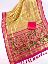 Gold & Hot Pink Paithani Banarasi Soft saree in banarasi soft silk with paithani borders with tanchoi & meenakari — Kaash Collection