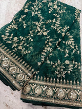 Green soft organza silk dupatta with muted gold zari, embroidery & sequin — Kaash Collection
