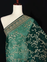 Green soft organza silk dupatta with muted gold zari, embroidery & sequin — Kaash Collection