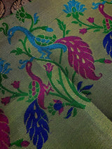 Statement Handmade Antique Gold Color Banarasi Brocade Tissue Silk Saree with Meenakari Paithani Border and Peacock Motifs - Kaash