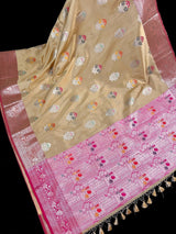 Statement Handmade Biscuit Color Banarasi Semi Katan Silk Saree with Meenakari and Muted Gold Zari Weave with Pink Border - Kaash
