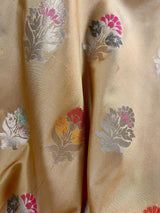 Statement Handmade Biscuit Color Banarasi Semi Katan Silk Saree with Meenakari and Muted Gold Zari Weave with Pink Border - Kaash