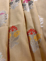 Statement Handmade Biscuit Color Banarasi Semi Katan Silk Saree with Meenakari and Muted Gold Zari Weave with Pink Border - Kaash