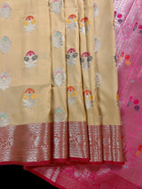 Statement Handmade Biscuit Color Banarasi Semi Katan Silk Saree with Meenakari and Muted Gold Zari Weave with Pink Border - Kaash