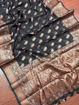 Black banarasi cotton silk saree with antique zari weave — Kaash Collection