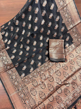 Black banarasi cotton silk saree with antique zari weave — Kaash Collection