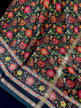 Black Mulmul Cotton Banarasi saree in pure banarasi mulmul cotton with floral kalamkari digital prints with zari borders — Kaash Collection