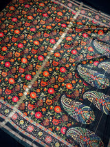 Black Mulmul Cotton Banarasi saree in pure banarasi mulmul cotton with floral kalamkari digital prints with zari borders — Kaash Collection