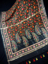 Black Mulmul Cotton Banarasi saree in pure banarasi mulmul cotton with floral kalamkari digital prints with zari borders — Kaash Collection