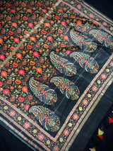 Black Mulmul Cotton Banarasi saree in pure banarasi mulmul cotton with floral kalamkari digital prints with zari borders — Kaash Collection