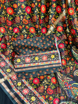 Statement Handmade Black Color Pure Banarasi Cotton Mulmul Saree with Floral Kalamkari Prints - Butter Soft and Light Weight Saree - Kaash