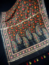 Statement Handmade Black Color Pure Banarasi Cotton Mulmul Saree with Floral Kalamkari Prints - Butter Soft and Light Weight Saree - Kaash