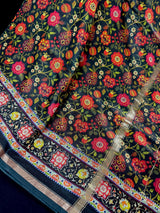 Statement Handmade Black Color Pure Banarasi Cotton Mulmul Saree with Floral Kalamkari Prints - Butter Soft and Light Weight Saree - Kaash