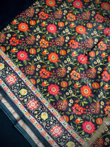 Statement Handmade Black Color Pure Banarasi Cotton Mulmul Saree with Floral Kalamkari Prints - Butter Soft and Light Weight Saree - Kaash