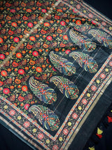 Statement Handmade Black Color Pure Banarasi Cotton Mulmul Saree with Floral Kalamkari Prints - Butter Soft and Light Weight Saree - Kaash