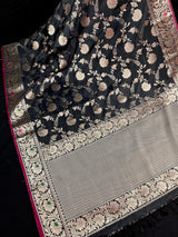 Black Banarasi saree in banarasi semi katan silk with jaal weave with meenakari — Kaash Collection