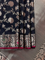 Black Banarasi saree in banarasi semi katan silk with jaal weave with meenakari — Kaash Collection
