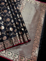 Black Banarasi saree in banarasi semi katan silk with jaal weave with meenakari — Kaash Collection