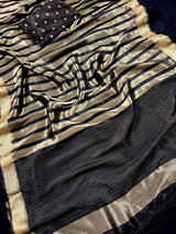 Black Striped Banarasi Tissue saree in banarasi soft satin tissue silk with stripes in gold & platinum zari — Kaash Collection