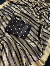 Black Striped Banarasi Tissue saree in banarasi soft satin tissue silk with stripes in gold & platinum zari — Kaash Collection