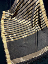 Black Striped Banarasi Tissue saree in banarasi soft satin tissue silk with stripes in gold & platinum zari — Kaash Collection