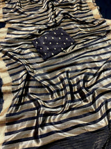 Black Striped Banarasi Tissue saree in banarasi soft satin tissue silk with stripes in gold & platinum zari — Kaash Collection