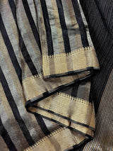 Black Striped Banarasi Tissue saree in banarasi soft satin tissue silk with stripes in gold & platinum zari — Kaash Collection