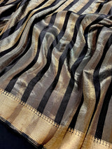 Black Striped Banarasi Tissue saree in banarasi soft satin tissue silk with stripes in gold & platinum zari — Kaash Collection