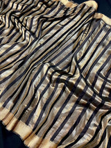 Statement Handmade Black Color Striped Banarasi Satin Tissue Silk Saree - Kaash