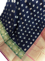 Statement Handmade Blue Color Banarasi Soft Silk Handloom Saree with Green and Pink Border and Pallu - Kaash