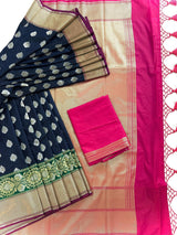 Statement Handmade Blue Color Banarasi Soft Silk Handloom Saree with Green and Pink Border and Pallu - Kaash