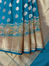 Bright Firozi (Turquoise) Banarasi saree in handloom banarasi saree with silver & gold buttis with wide border — Kaash Collection
