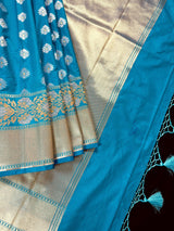 Bright Firozi (Turquoise) Banarasi saree in handloom banarasi saree with silver & gold buttis with wide border — Kaash Collection