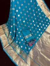 Bright Firozi (Turquoise) Banarasi saree in handloom banarasi saree with silver & gold buttis with wide border — Kaash Collection