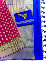 Statement Handmade Deep Magenta Pink Color Banarasi Soft Silk Handloom Saree with Green, Purple and Blue Border and Pallu - Kaash