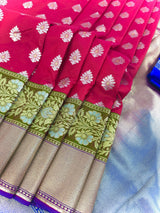 Statement Handmade Deep Magenta Pink Color Banarasi Soft Silk Handloom Saree with Green, Purple and Blue Border and Pallu - Kaash