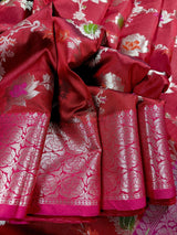 Deep Red with Pink Border Banarasi saree in banarasi semi katan silk with meenakari with muted gold zari floral jaal — Kaash Collection