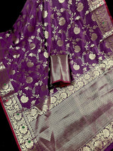 Eggplant Purple Banarasi saree in banarasi semi katan silk with jaal weave on soft semi katan — Kaash Collection
