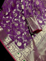 Eggplant Purple Banarasi saree in banarasi semi katan silk with jaal weave on soft semi katan — Kaash Collection