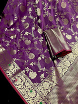 Statement Handmade Eggplant Purple Color Semi Katan Banarasi Silk Saree - Kaash