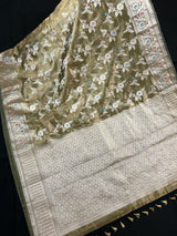 Green Organza Banarasi saree in banarasi organza tissue silk with meenakari floral on organza tissue — Kaash Collection