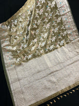 Statement Handmade Green Color Banarasi Organza Tissue Silk Saree with Meenakari - Kaash