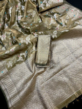 Statement Handmade Green Color Banarasi Organza Tissue Silk Saree with Meenakari - Kaash